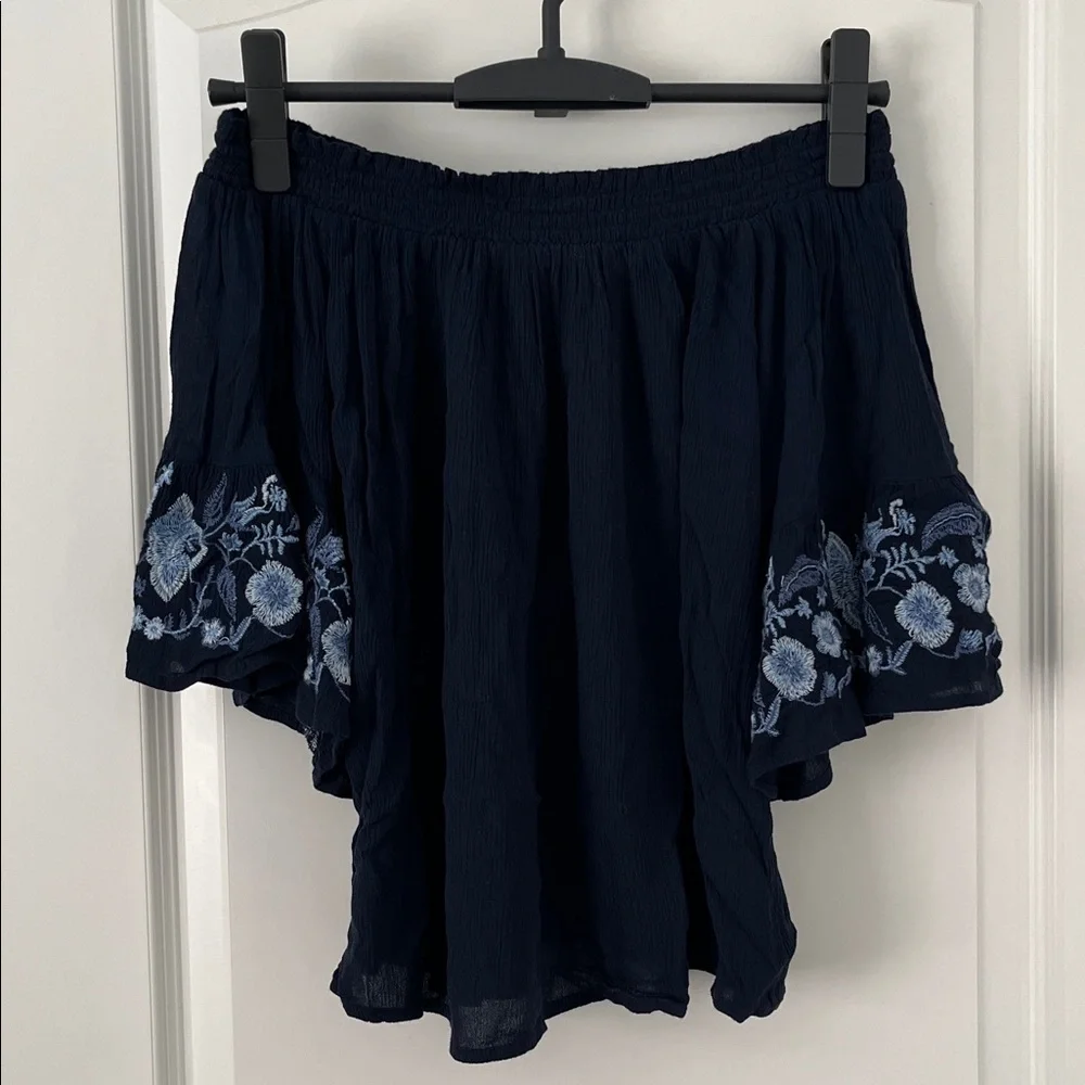 Hollister Navy Floral Embroidered Smocked Off the Shoulder Bell Sleeve Top - Picture 3 of 10